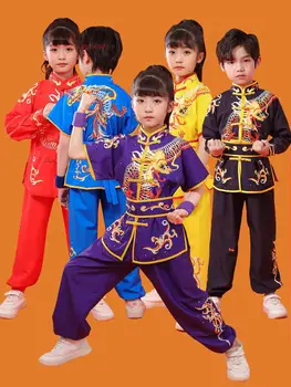 2023 kineze fëmijët tai chi wushu veshje të arteve marciale të përshtaten kung fu uniforme wing chun shaolin dragon print vintage kungfu vendosur