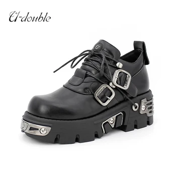 U-Double 2023 Re Të Errët Stil Punk Grua Gotik Flaka Gdhendur Vintage Rock Çizme Lëkure Këpucë Metalike Të Vecanta Të Ulët Të Lartë Këpucë Platformë