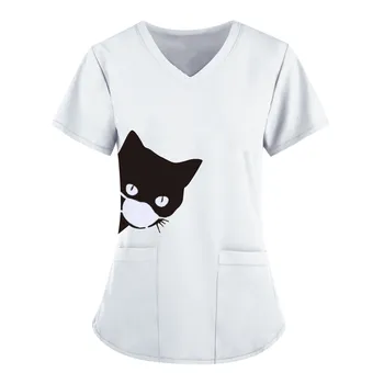 Unisex Punës Uniforme Mace e Zezë të Shtypura Xhep Bluzë Infermiere Uniforme Gratë Mëngë të Shkurtra V-qafë Pastrim Krye të kujdesit Shëndetësor Kujdestar Tunikë